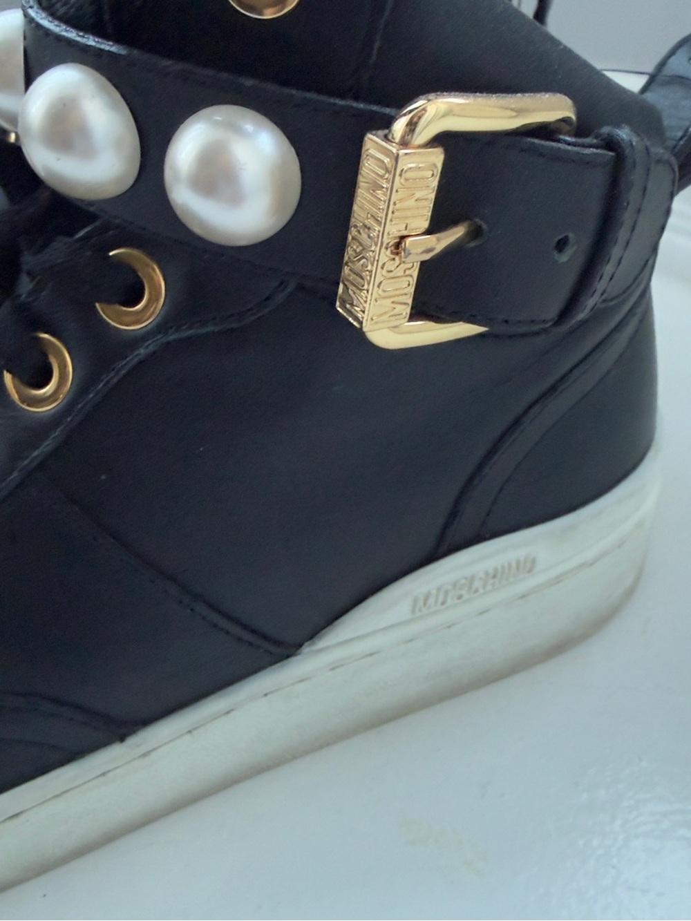 Moschino Pearl High Top Leather Sneakers black & gold EU 36 made in Italt - Picture 3 of 15